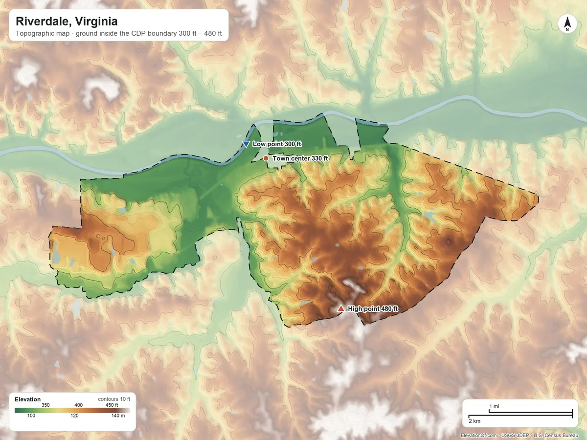 Topographic elevation map of Riverdale, Virginia, shaded from 300 ft near the middle to 480 ft on the southeast side