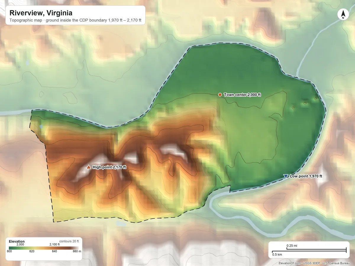 Topographic elevation map of Riverview, Virginia, shaded from 1,970 ft on the southeast side to 2,170 ft on the southwest edge, below higher ground just outside