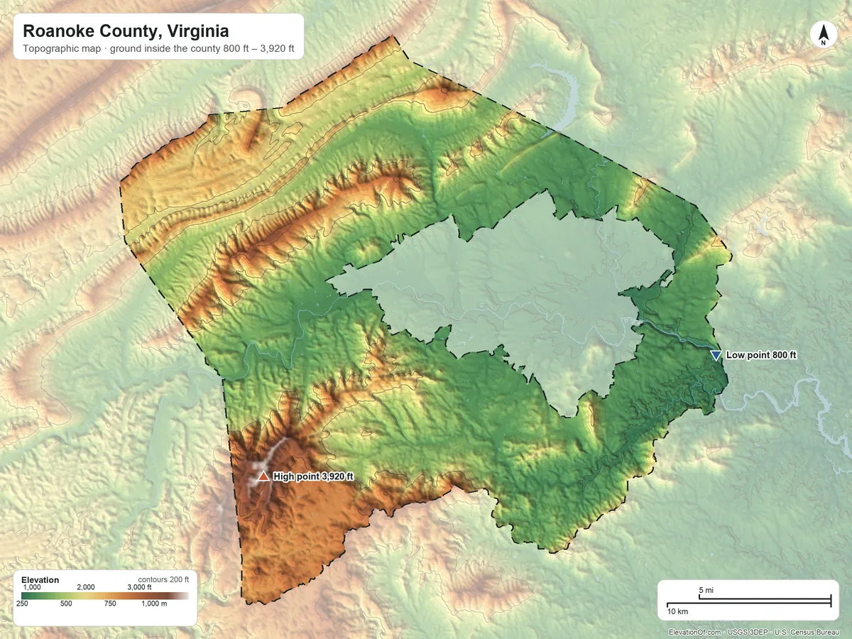 Topographic elevation map of Roanoke County, Virginia, shaded from 800 ft on the east side to 3,920 ft on Poor Mountain