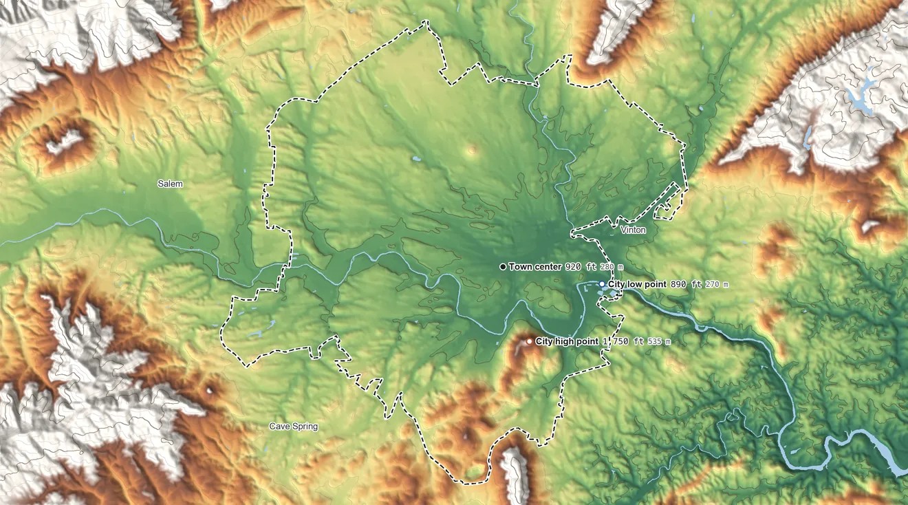 Topographic elevation map of Roanoke, Virginia, shaded from 890 ft on the east side to 1,749 ft on Mill Mountain