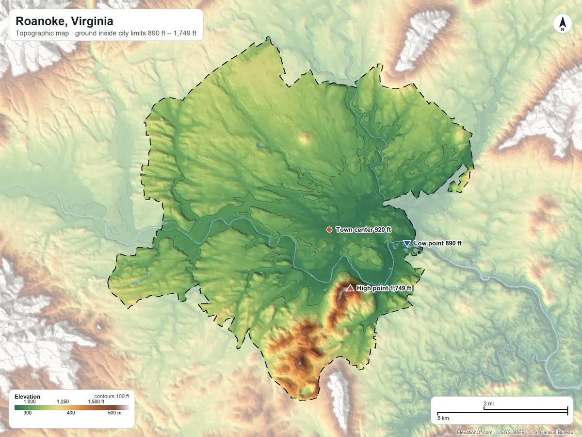 Topographic elevation map of Roanoke, Virginia, shaded from 890 ft on the east side to 1,749 ft on Mill Mountain