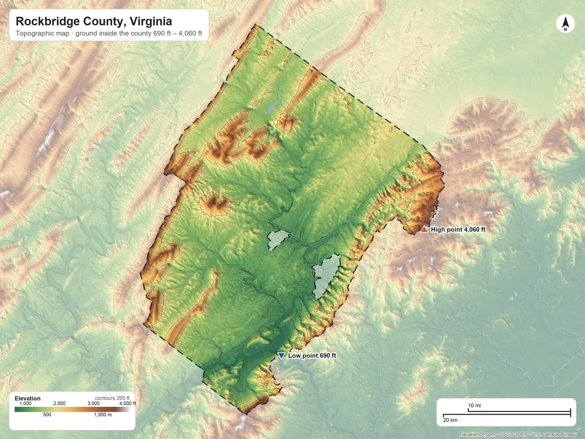 Topographic elevation map of Rockbridge County, Virginia, shaded from 690 ft on the south side to 4,060 ft on the east side