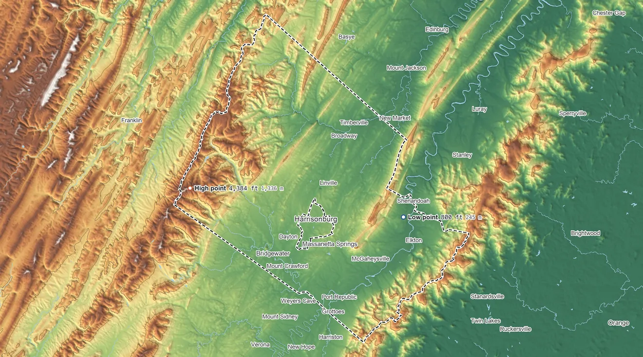 Topographic elevation map of Rockingham County, Virginia, shaded from 800 ft on the southeast side to 4,384 ft on Flagpole Knob