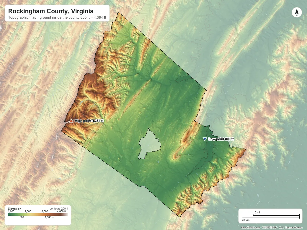 Topographic elevation map of Rockingham County, Virginia, shaded from 800 ft on the southeast side to 4,384 ft on Flagpole Knob