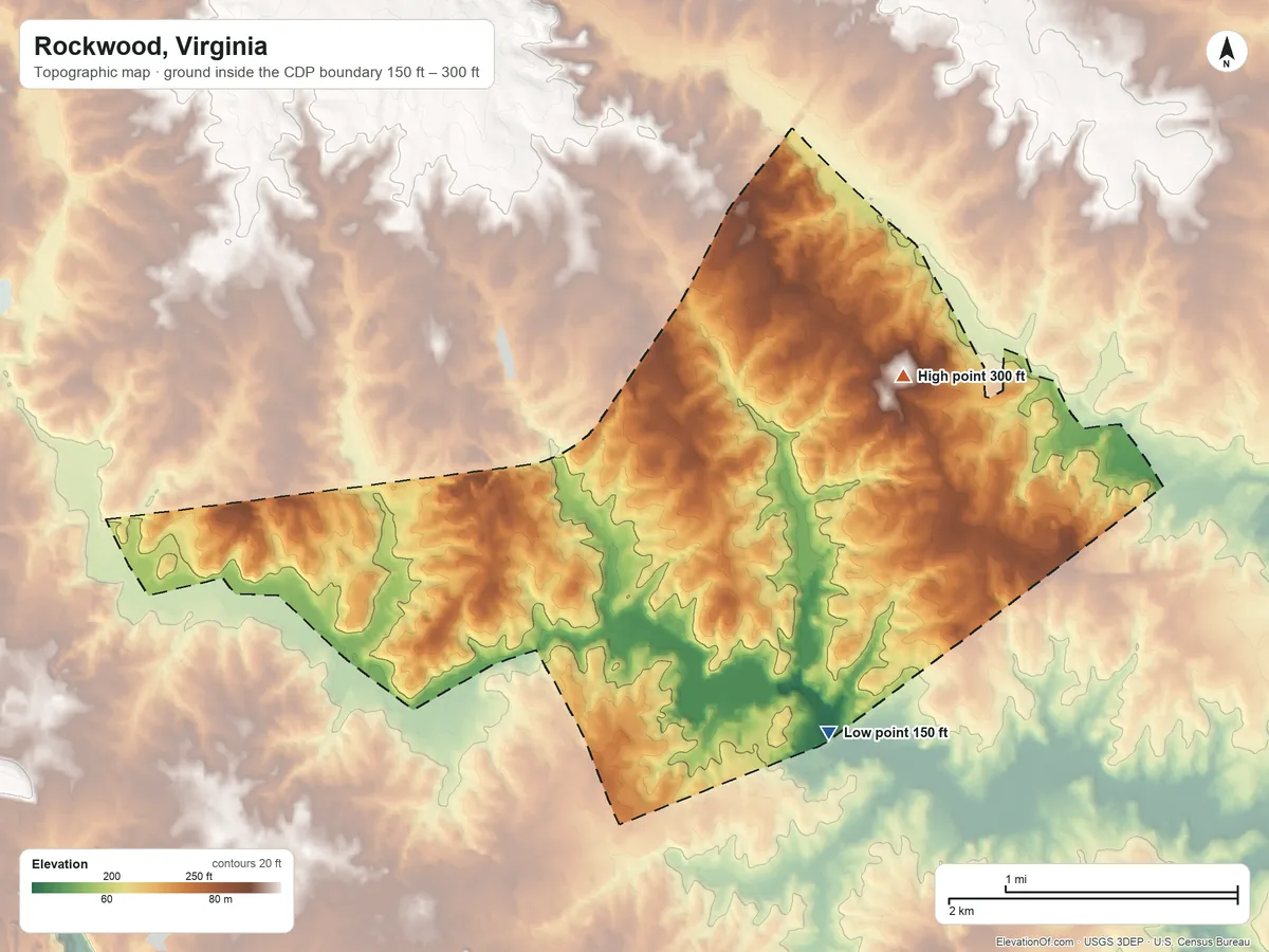 Topographic elevation map of Rockwood, Virginia, shaded from 150 ft on the southeast side to 300 ft on the northeast side