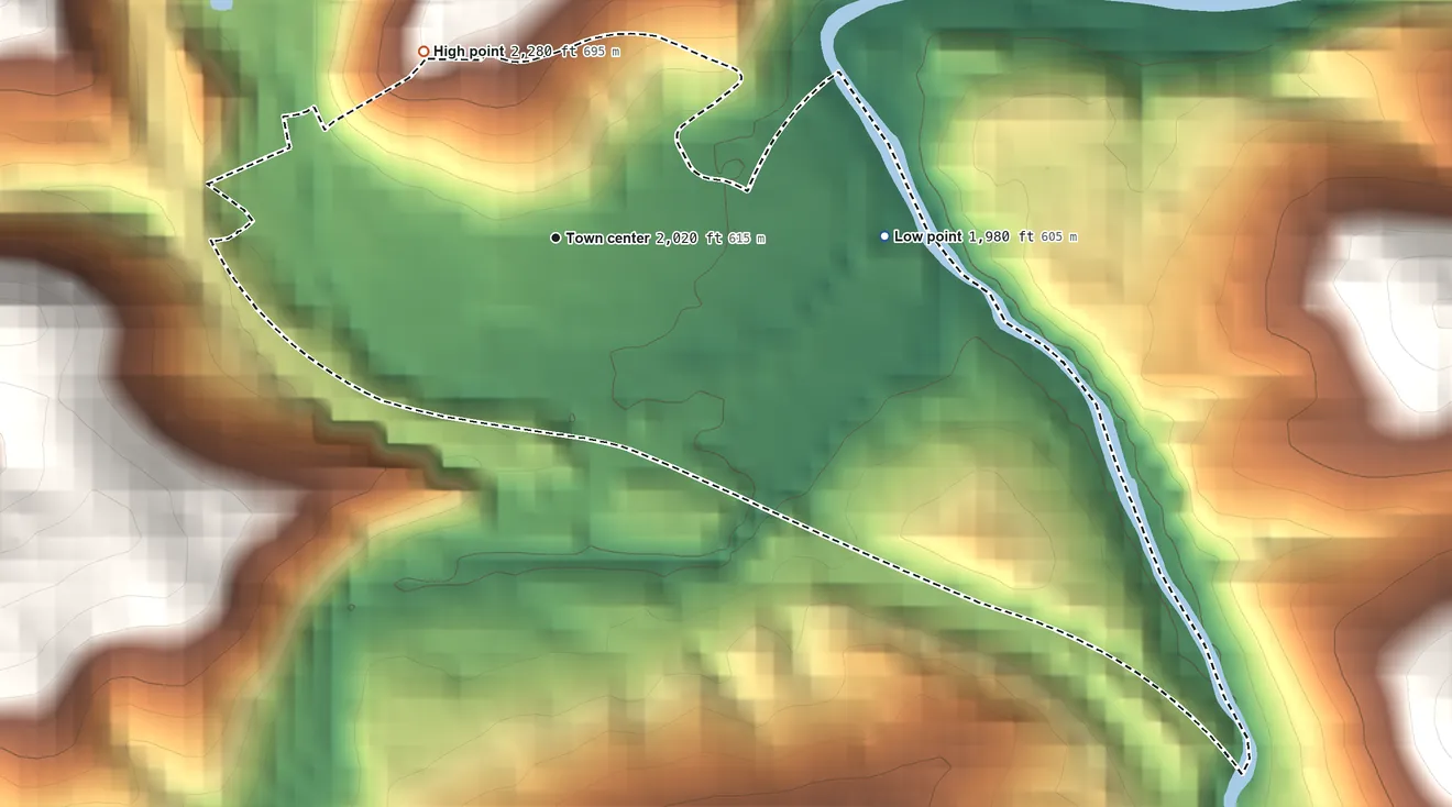 Topographic elevation map of Rocky Gap, Virginia, shaded from 1,980 ft on the east side to 2,280 ft on the northwest edge, below higher ground just outside