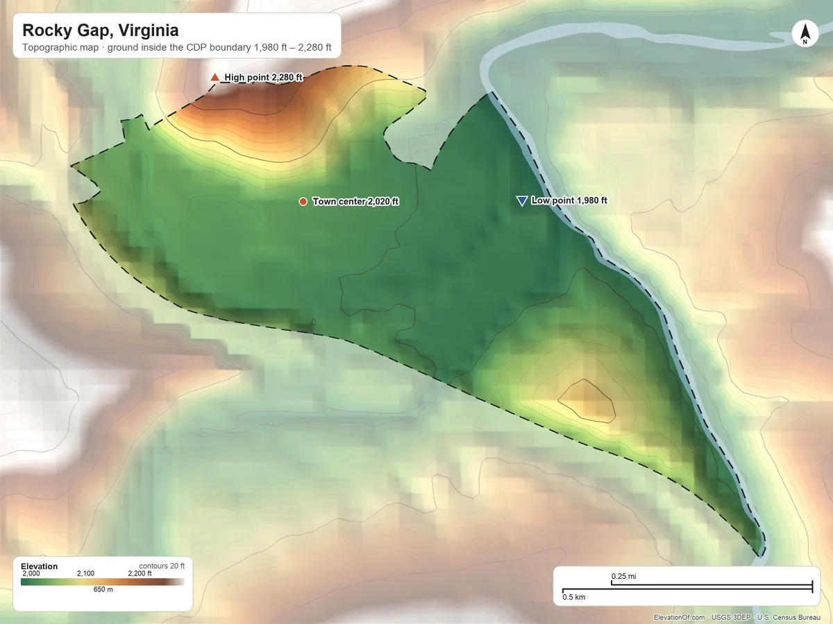 Topographic elevation map of Rocky Gap, Virginia, shaded from 1,980 ft on the east side to 2,280 ft on the northwest edge, below higher ground just outside