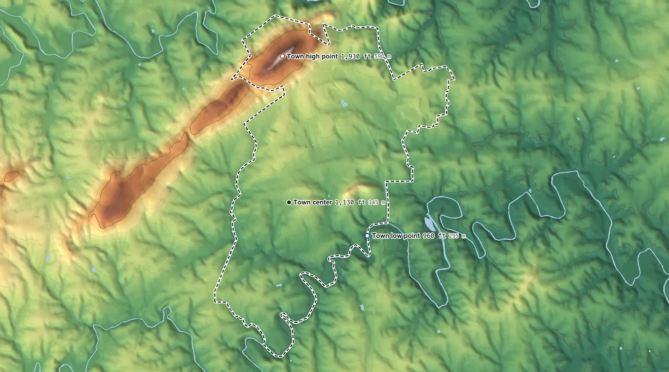 Topographic elevation map of Rocky Mount, Virginia, shaded from 960 ft on the southeast side to 1,935 ft on Grassy Hill