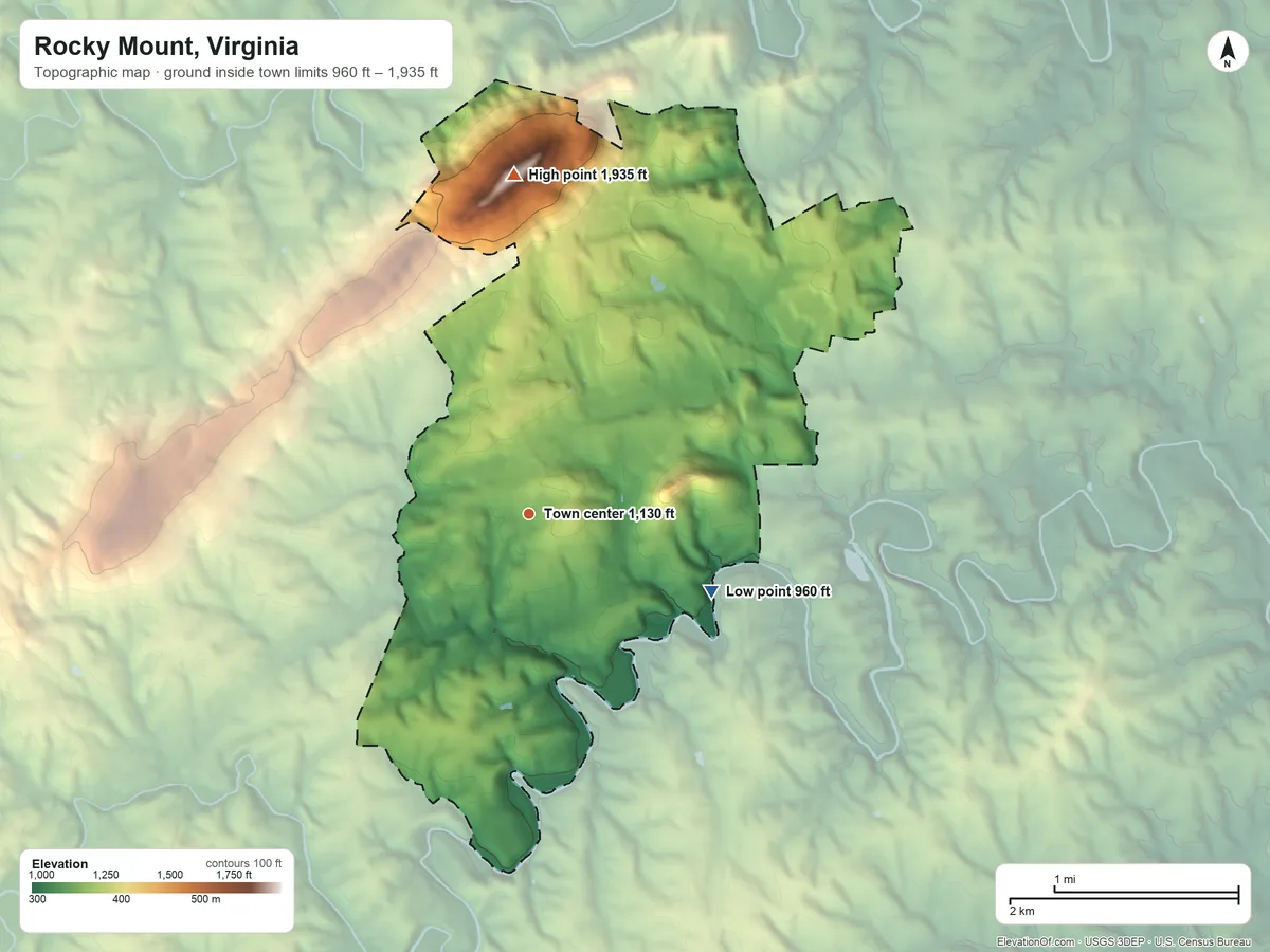 Topographic elevation map of Rocky Mount, Virginia, shaded from 960 ft on the southeast side to 1,935 ft on Grassy Hill