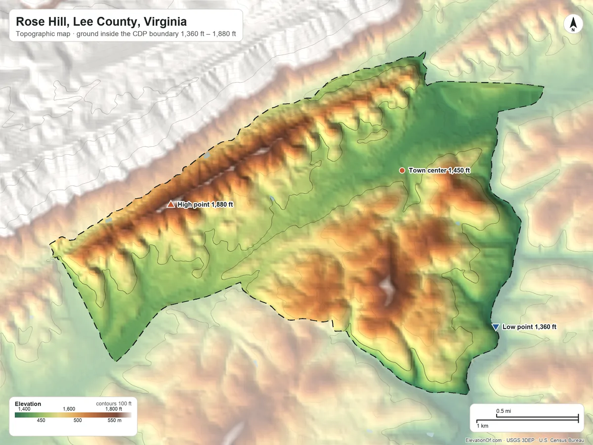 Topographic elevation map of Rose Hill, Lee County, Virginia, shaded from 1,360 ft on the southeast side to 1,880 ft on the west edge, below higher ground just outside