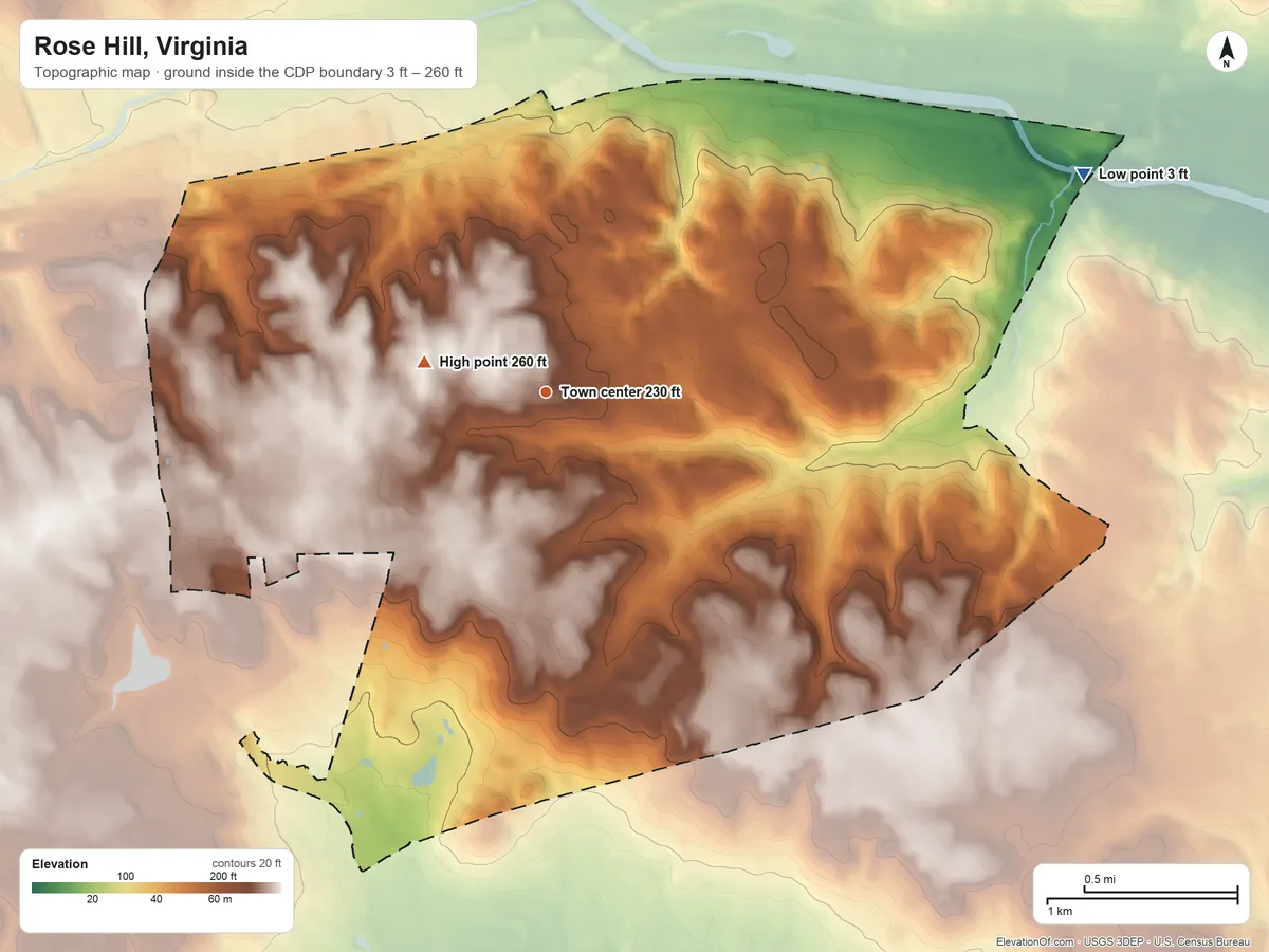Topographic elevation map of Rose Hill, Virginia, shaded from 3 ft on the east side to 260 ft near the middle