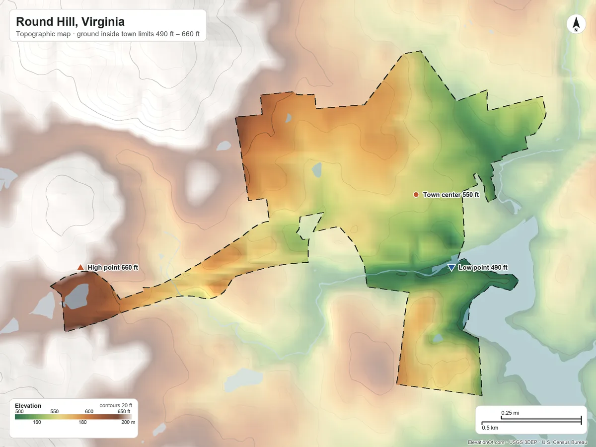 Topographic elevation map of Round Hill, Virginia, shaded from 490 ft on the southeast side to 660 ft on the west edge, below higher ground just outside