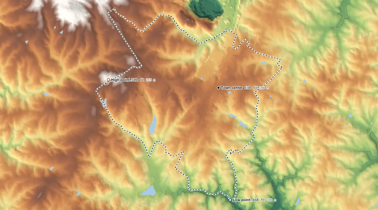 Topographic elevation map of Ruckersville, Virginia, shaded from 460 ft on the south side to 700 ft on the west side