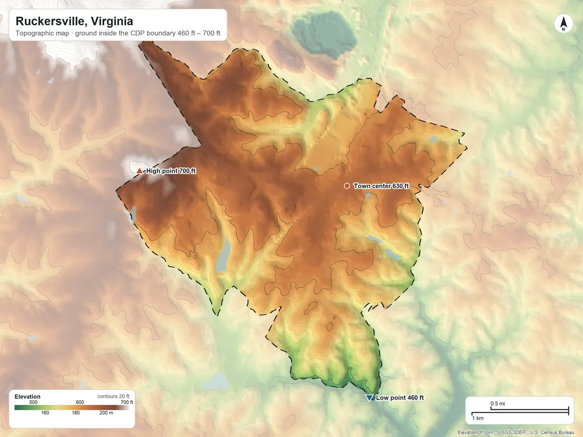 Topographic elevation map of Ruckersville, Virginia, shaded from 460 ft on the south side to 700 ft on the west side
