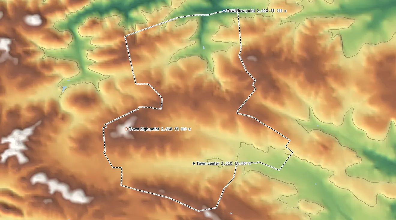 Topographic elevation map of Rural Retreat, Virginia, shaded from 2,420 ft on the north side to 2,660 ft on the northwest side