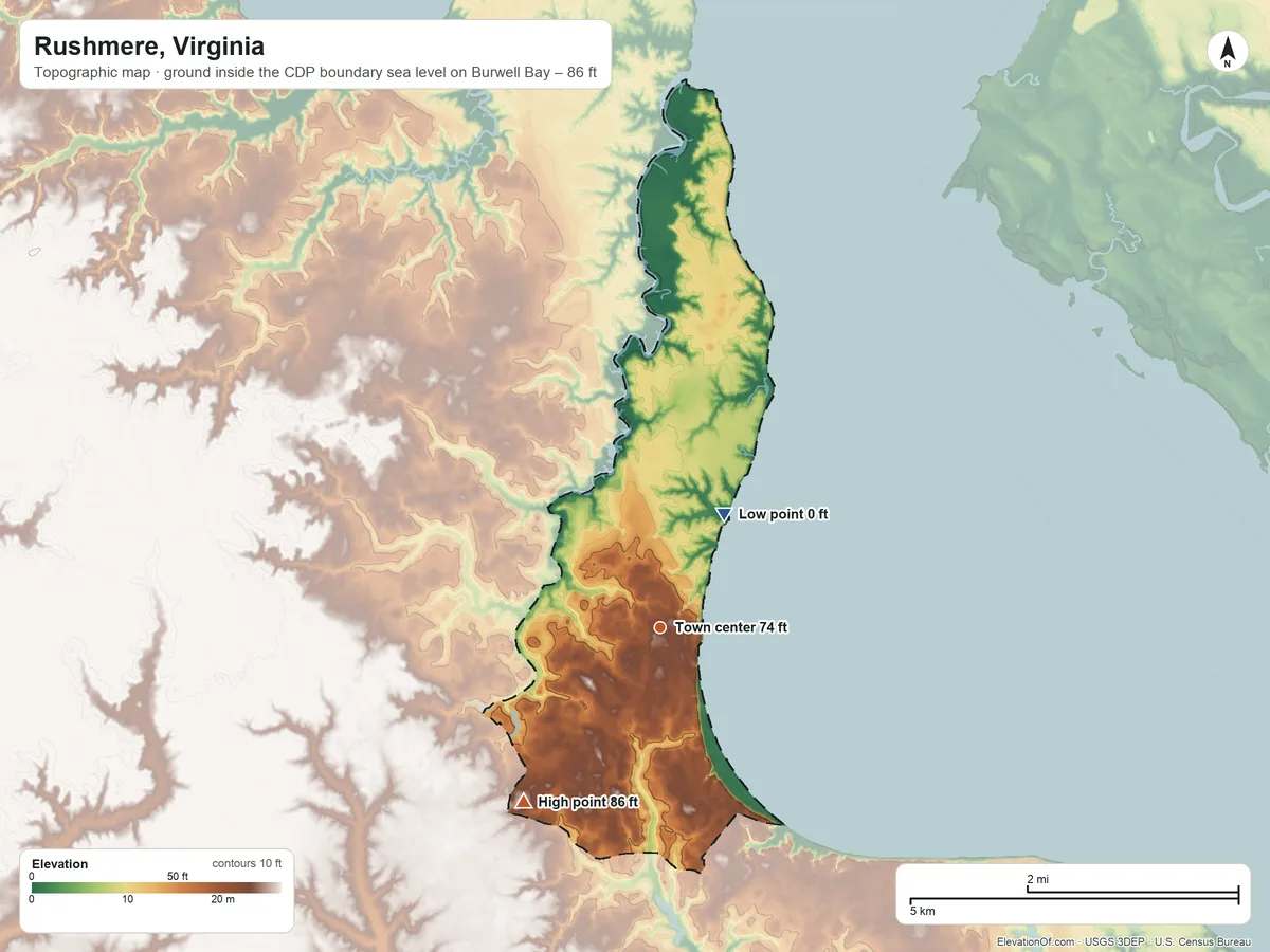 Topographic elevation map of Rushmere, Virginia, shaded from sea level level on Burwell Bay to 86 ft on the southwest side