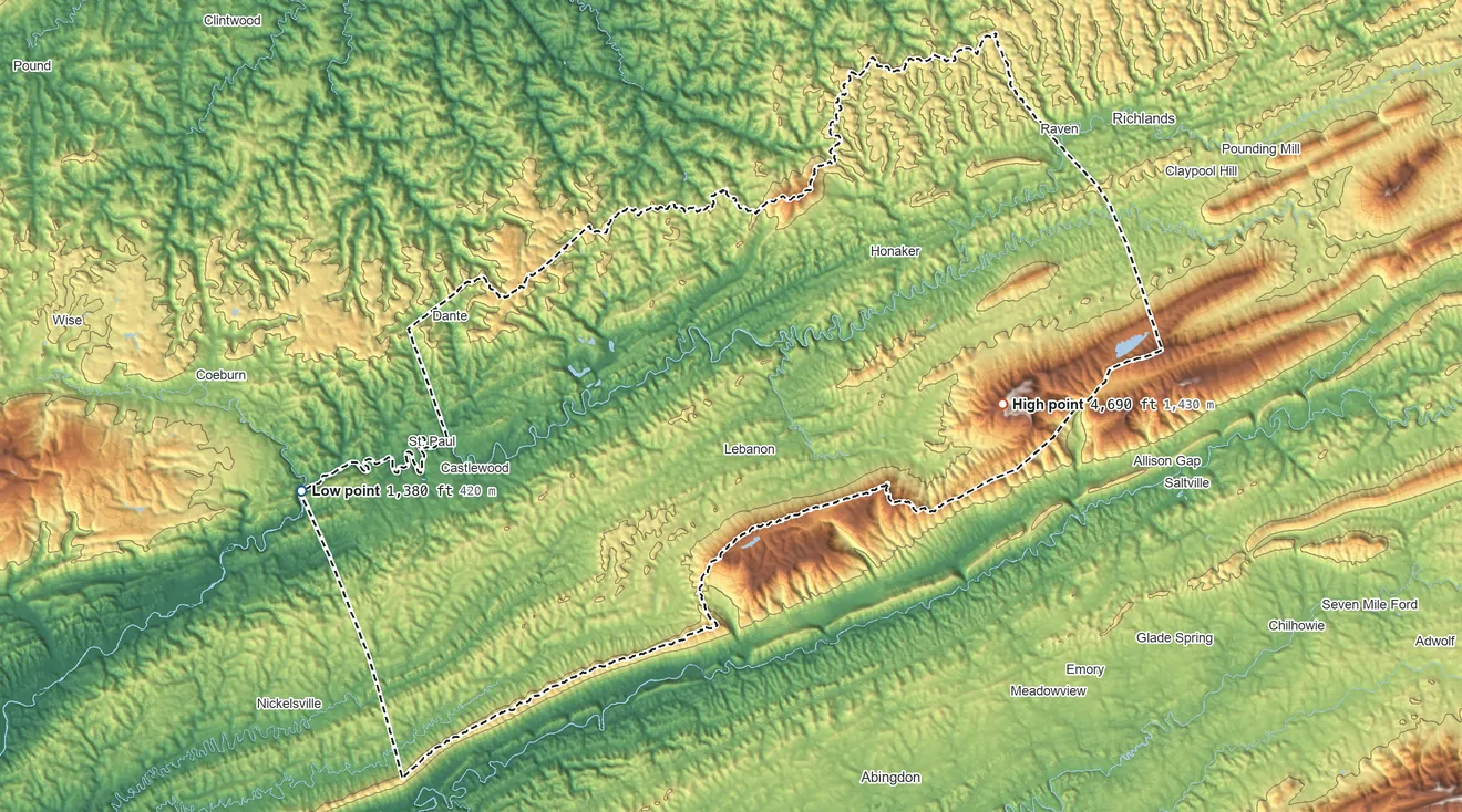 Topographic elevation map of Russell County, Virginia, shaded from 1,380 ft on the west side to 4,690 ft on Beartown Mountain