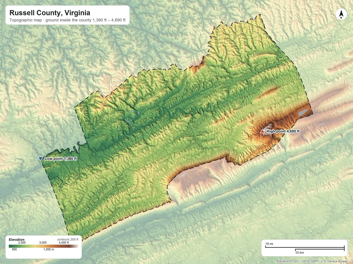 Topographic elevation map of Russell County, Virginia, shaded from 1,380 ft on the west side to 4,690 ft on Beartown Mountain