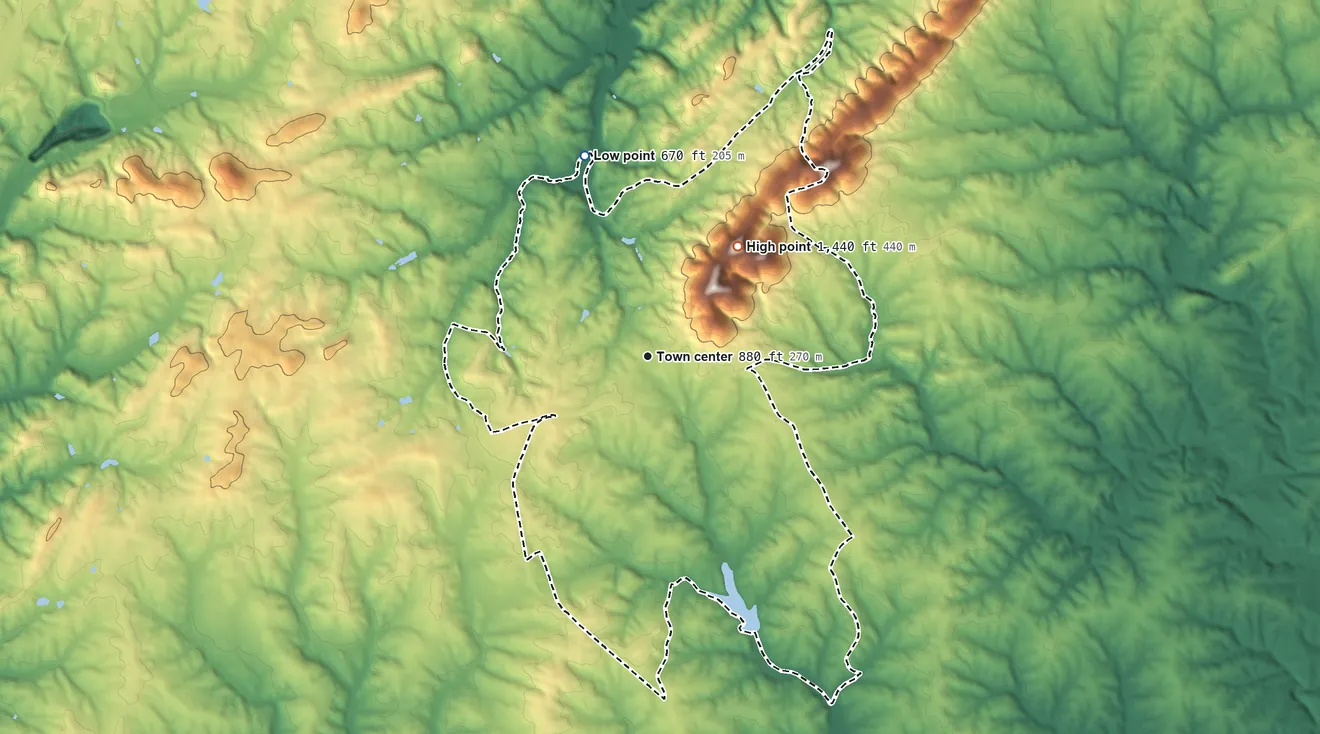 Topographic elevation map of Rustburg, Virginia, shaded from 670 ft on the north side to 1,435 ft on Long Mountain