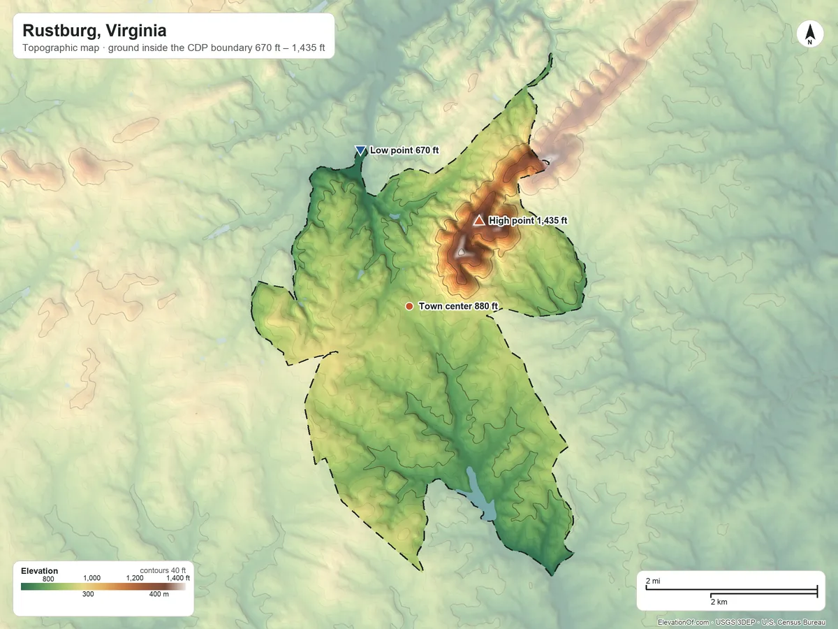 Topographic elevation map of Rustburg, Virginia, shaded from 670 ft on the north side to 1,435 ft on Long Mountain