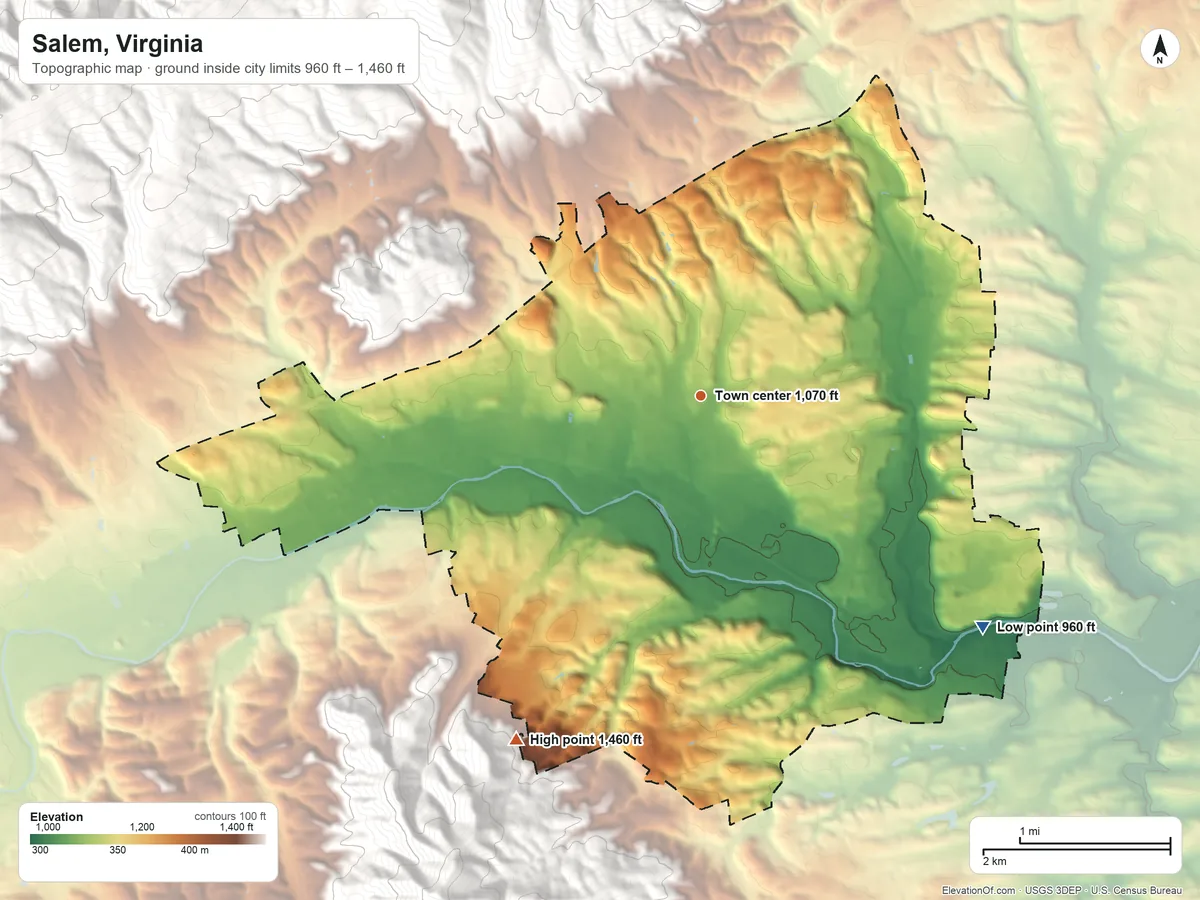 Topographic elevation map of Salem, Virginia, shaded from 960 ft on the southeast side to 1,460 ft at the foot of the Pedlar Hills