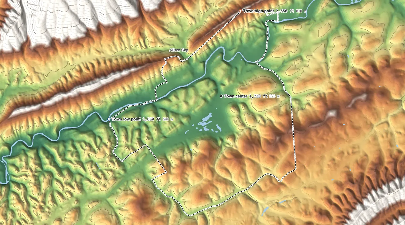 Topographic elevation map of Saltville, Virginia, shaded from 1,650 ft on the west side to 2,650 ft at the foot of the Little Mountain