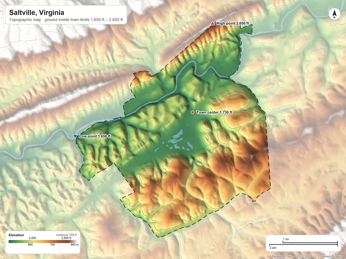 Topographic elevation map of Saltville, Virginia, shaded from 1,650 ft on the west side to 2,650 ft at the foot of the Little Mountain