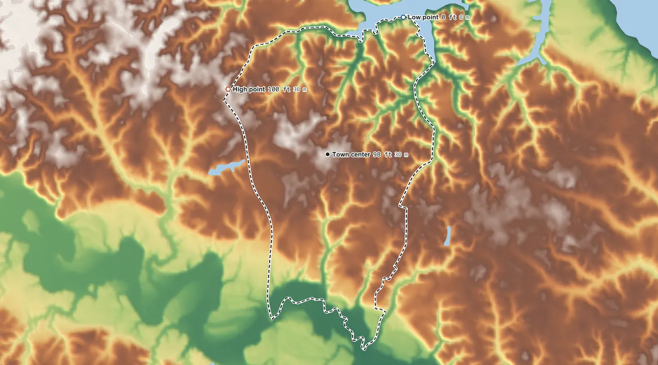 Topographic elevation map of Saluda, Virginia, shaded from 0 ft on the northeast side to 100 ft on the northwest side