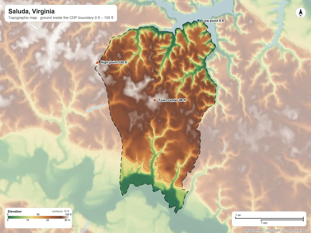 Topographic elevation map of Saluda, Virginia, shaded from 0 ft on the northeast side to 100 ft on the northwest side