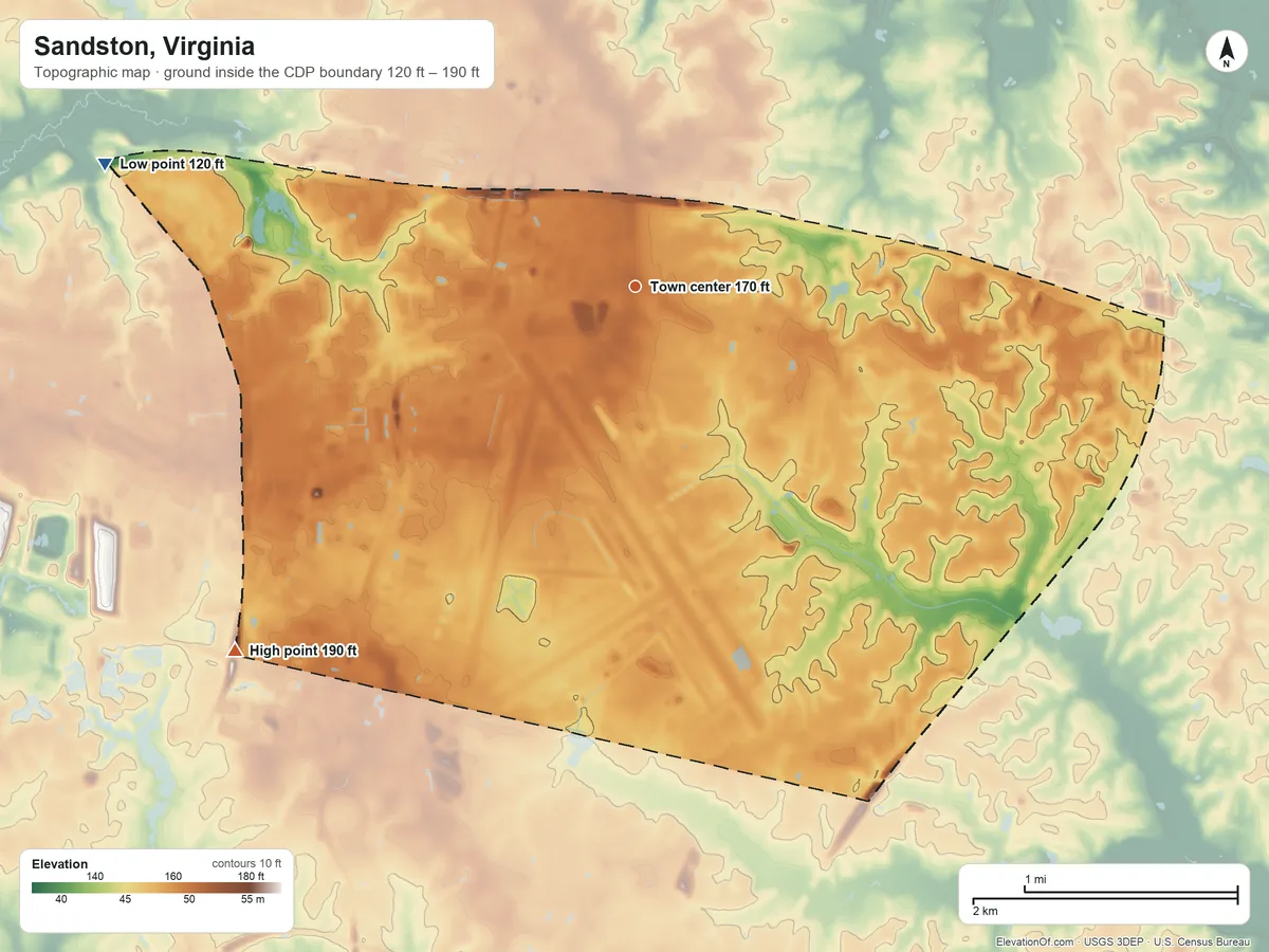Topographic elevation map of Sandston, Virginia, shaded from 120 ft on the west side to 190 ft on the southwest side