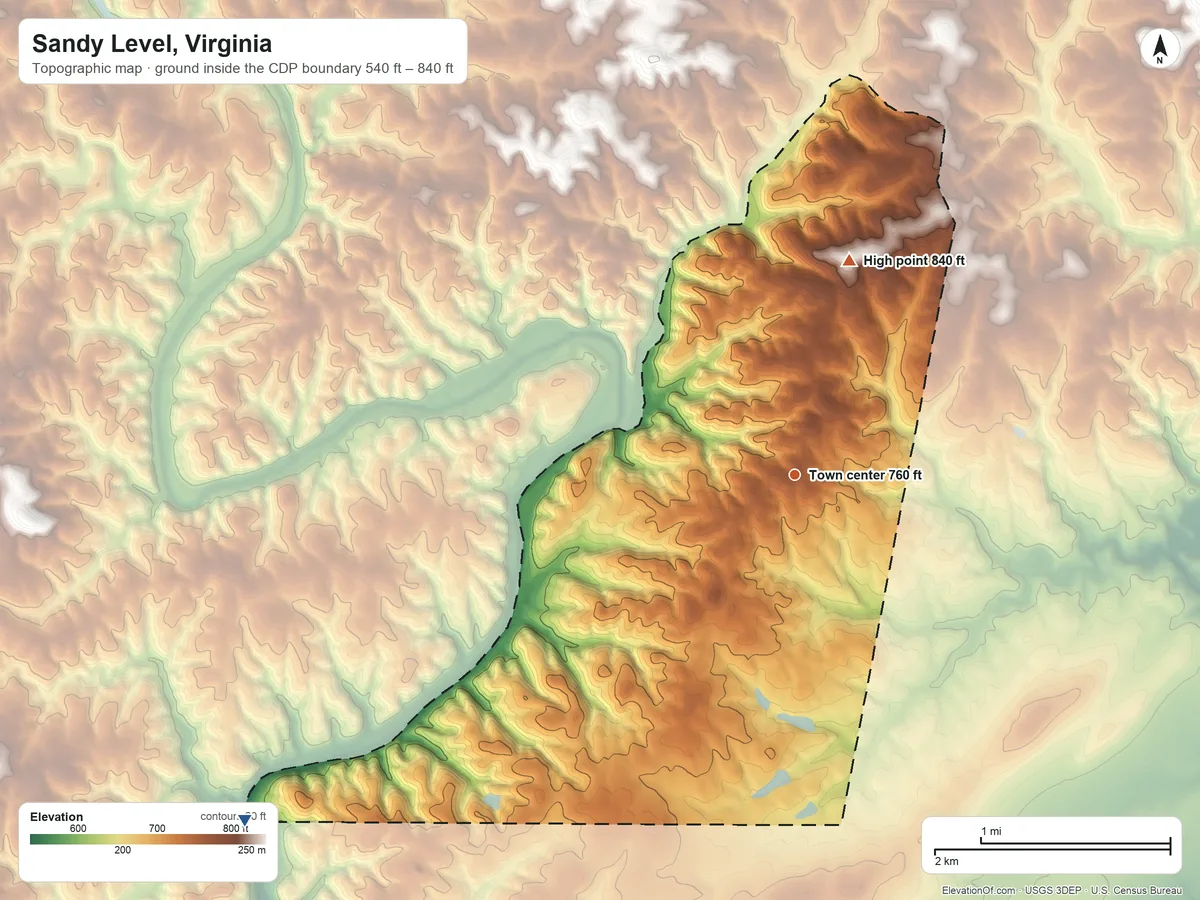 Topographic elevation map of Sandy Level, Virginia, shaded from 540 ft on the southwest side to 840 ft on the north side