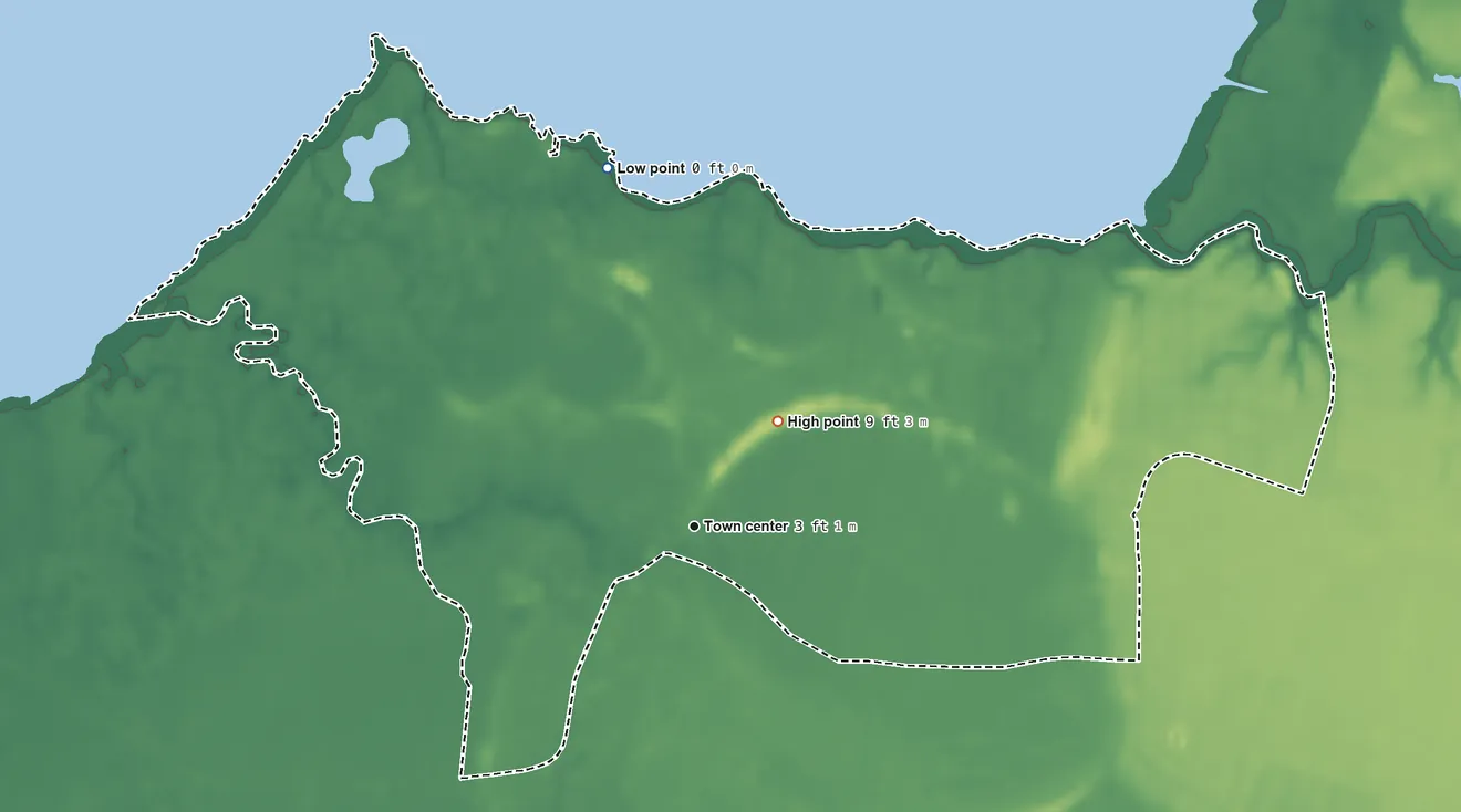 Topographic elevation map of Sanford, Virginia, shaded from sea level level on Robin Hood Bay to 9 ft near the middle