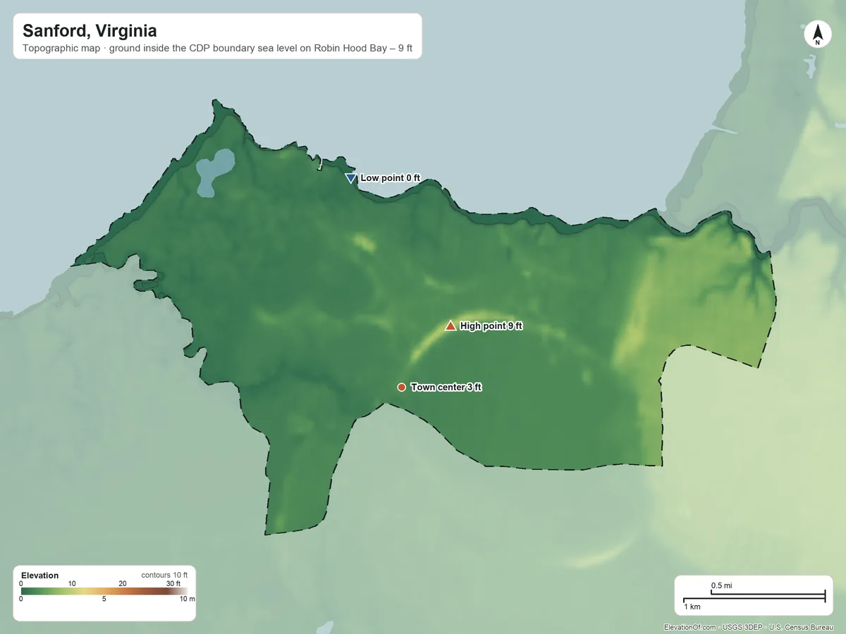 Topographic elevation map of Sanford, Virginia, shaded from sea level level on Robin Hood Bay to 9 ft near the middle