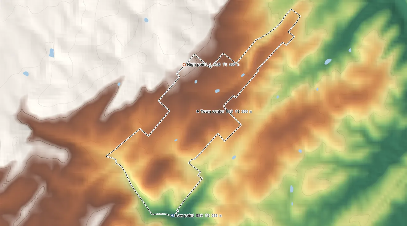 Topographic elevation map of Saumsville, Virginia, shaded from 880 ft on the south side to 1,010 ft on the north edge, below higher ground just outside