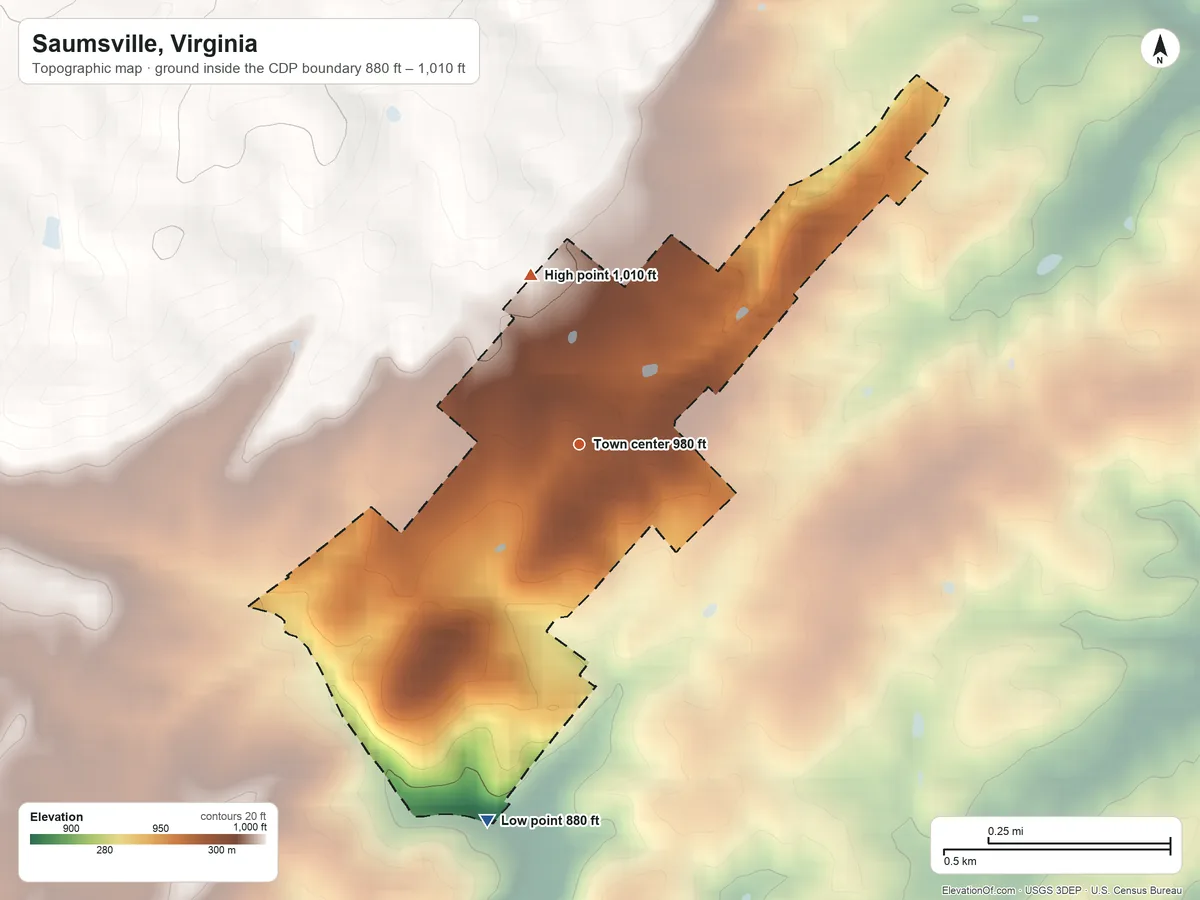 Topographic elevation map of Saumsville, Virginia, shaded from 880 ft on the south side to 1,010 ft on the north edge, below higher ground just outside