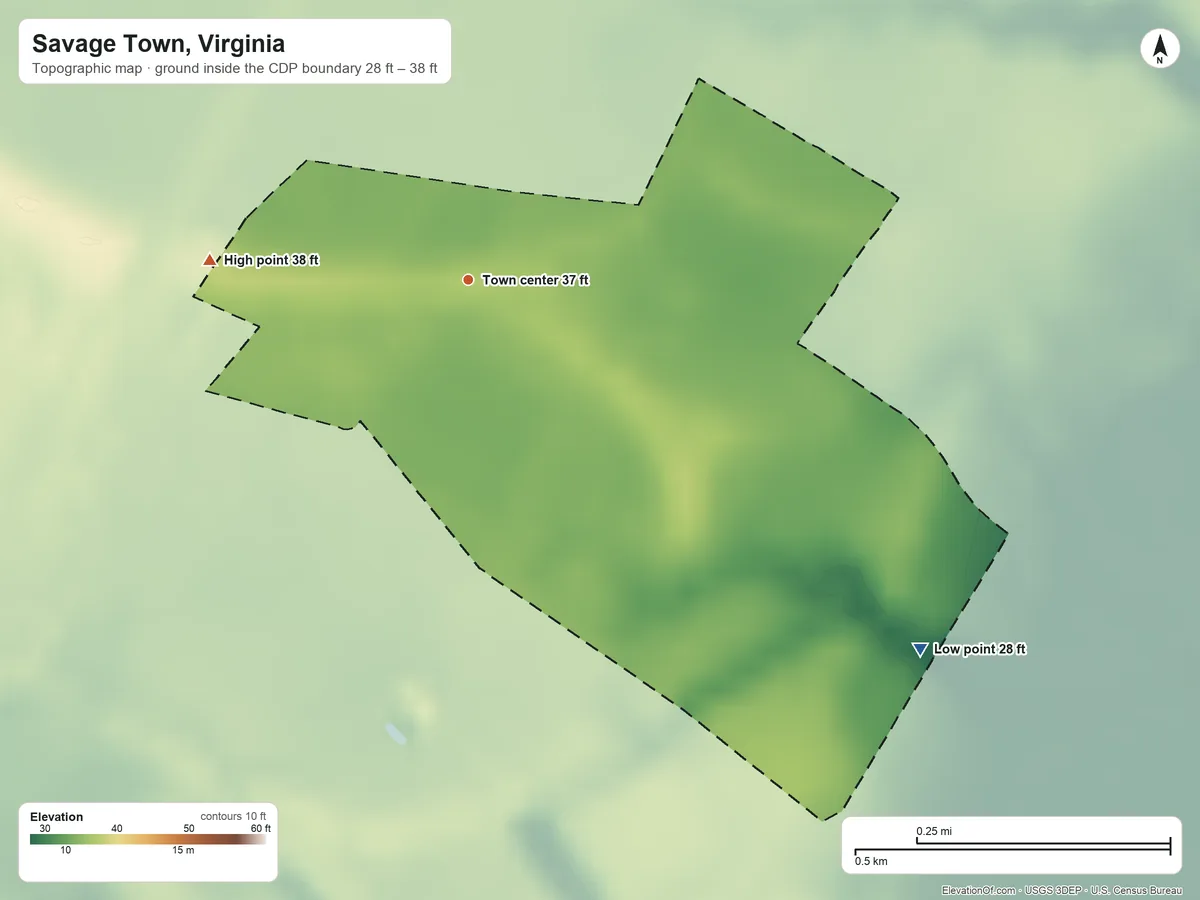 Topographic elevation map of Savage Town, Virginia, shaded from 28 ft on the southeast side to 38 ft on the west side