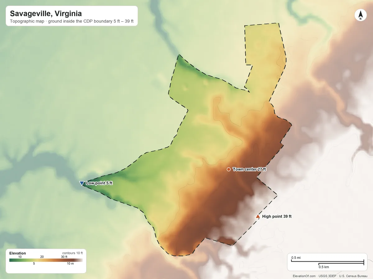 Topographic elevation map of Savageville, Virginia, shaded from 5 ft on the west side to 39 ft on the southeast side