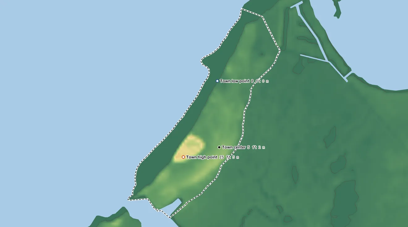 Topographic elevation map of Saxis, Virginia, shaded from sea level level on Robin Hood Bay to 15 ft on the west side