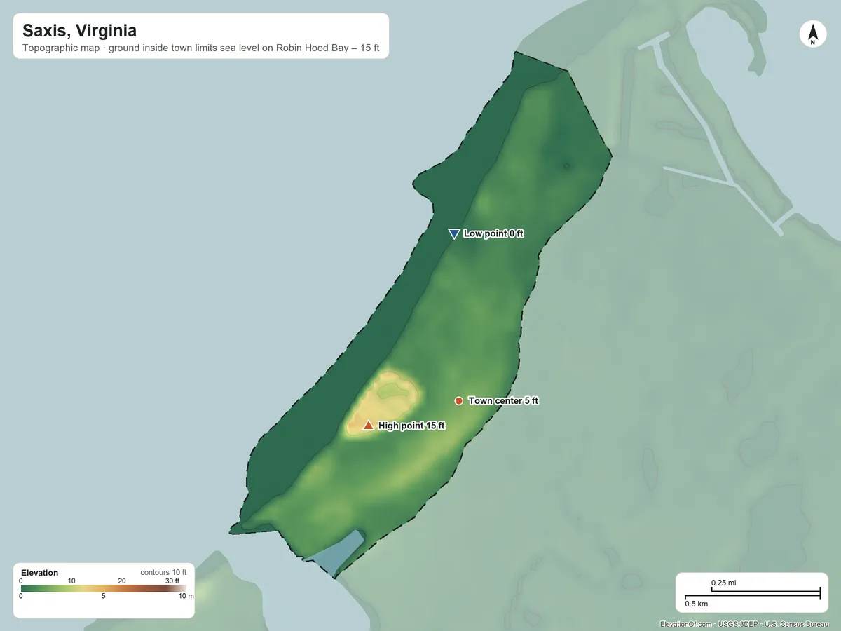 Topographic elevation map of Saxis, Virginia, shaded from sea level level on Robin Hood Bay to 15 ft on the west side
