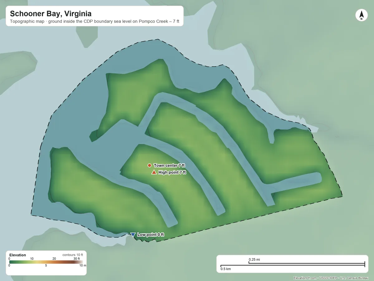 Topographic elevation map of Schooner Bay, Virginia, shaded from sea level level on Pompco Creek to 7 ft near the middle