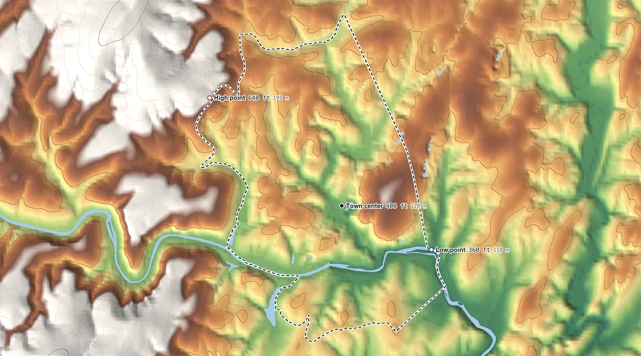 Topographic elevation map of Schuyler, Virginia, shaded from 360 ft on the southeast side to 640 ft on the northwest edge, below higher ground just outside
