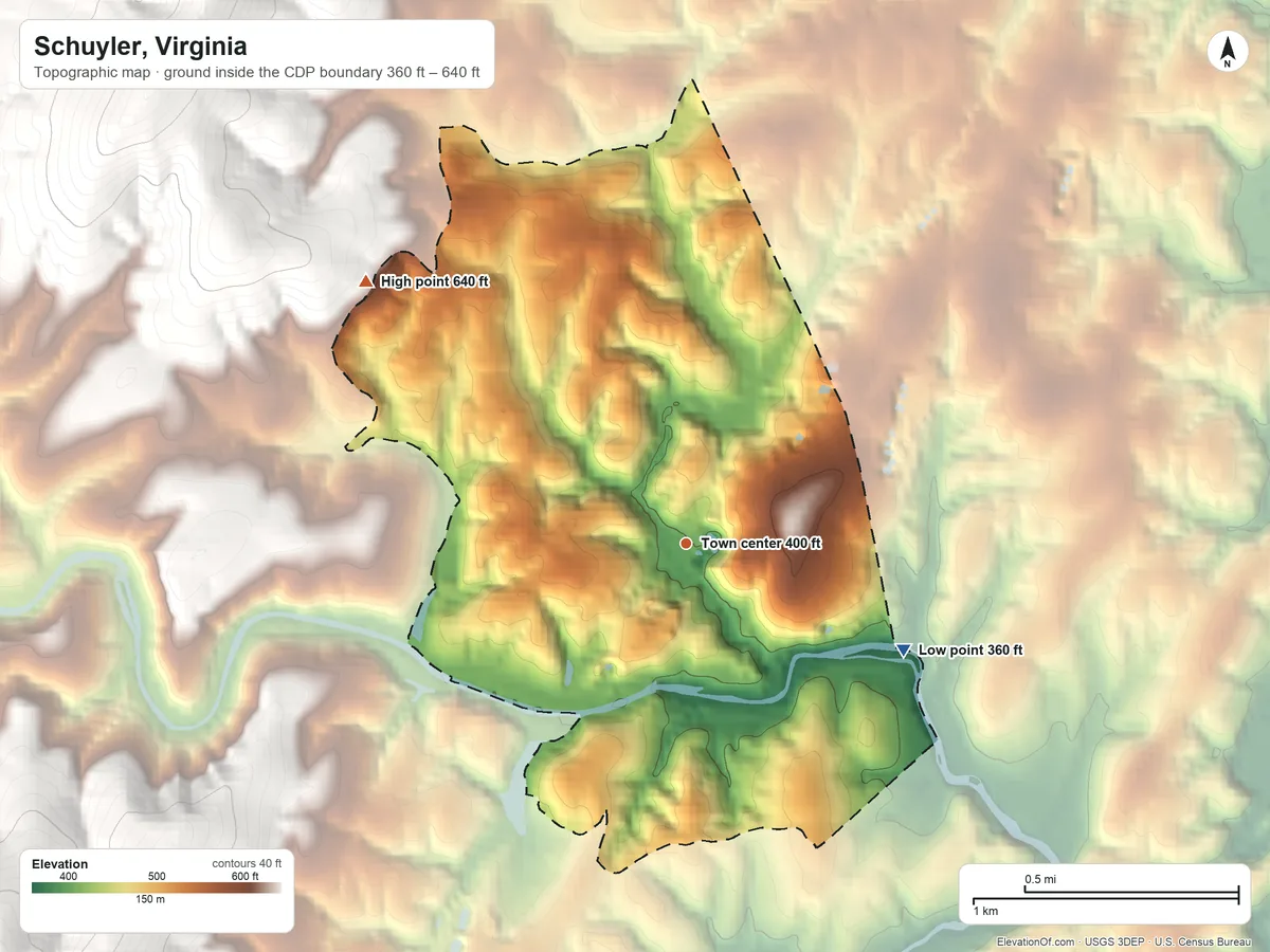 Topographic elevation map of Schuyler, Virginia, shaded from 360 ft on the southeast side to 640 ft on the northwest edge, below higher ground just outside