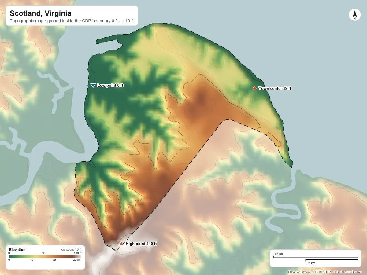 Topographic elevation map of Scotland, Virginia, shaded from 0 ft on the west side to 110 ft on the southwest side