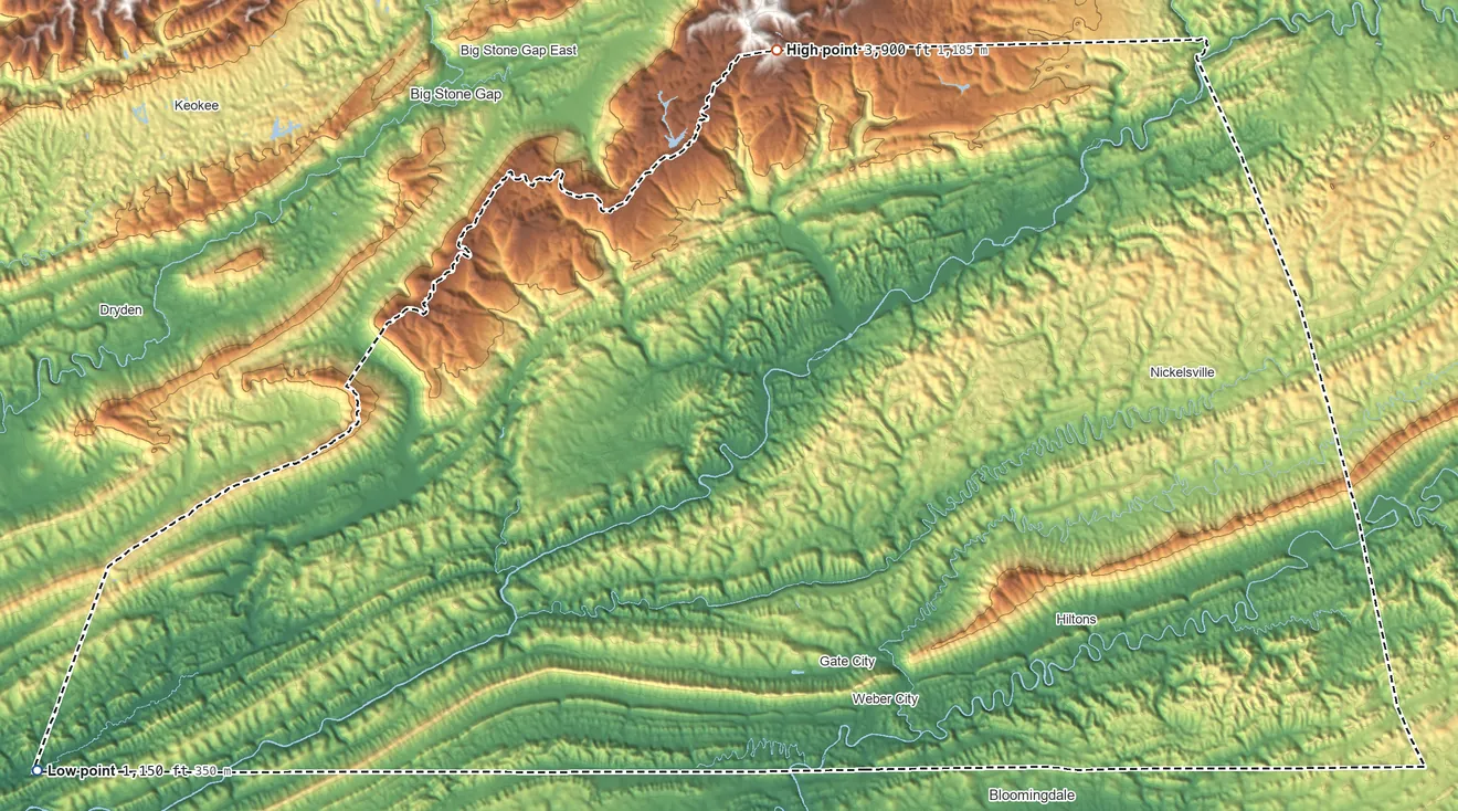 Topographic elevation map of Scott County, Virginia, shaded from 1,150 ft on the southwest side to 3,900 ft on the north side