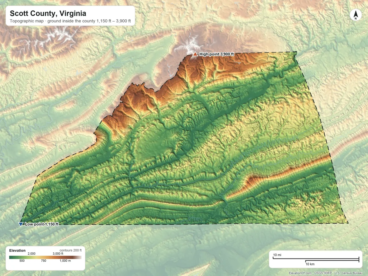 Topographic elevation map of Scott County, Virginia, shaded from 1,150 ft on the southwest side to 3,900 ft on the north side