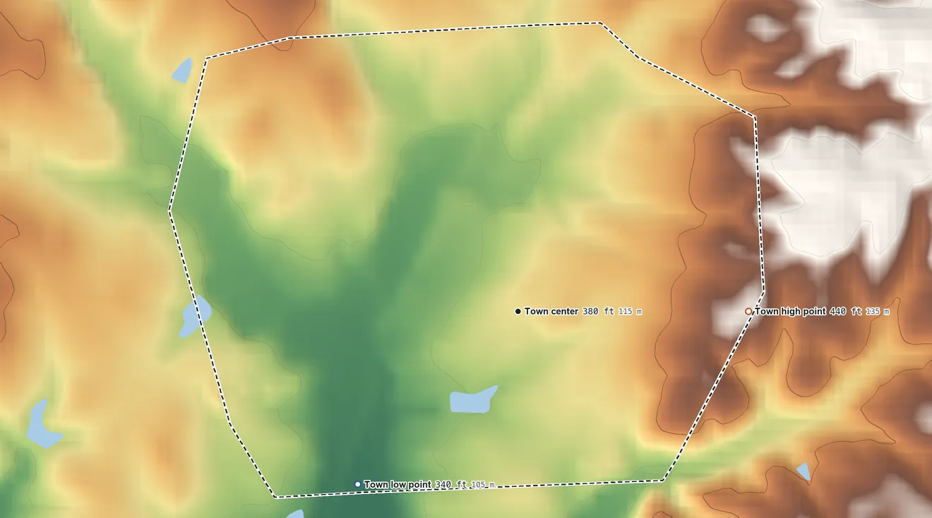 Topographic elevation map of Scottsburg, Virginia, shaded from 340 ft on the southwest side to 440 ft on the east side