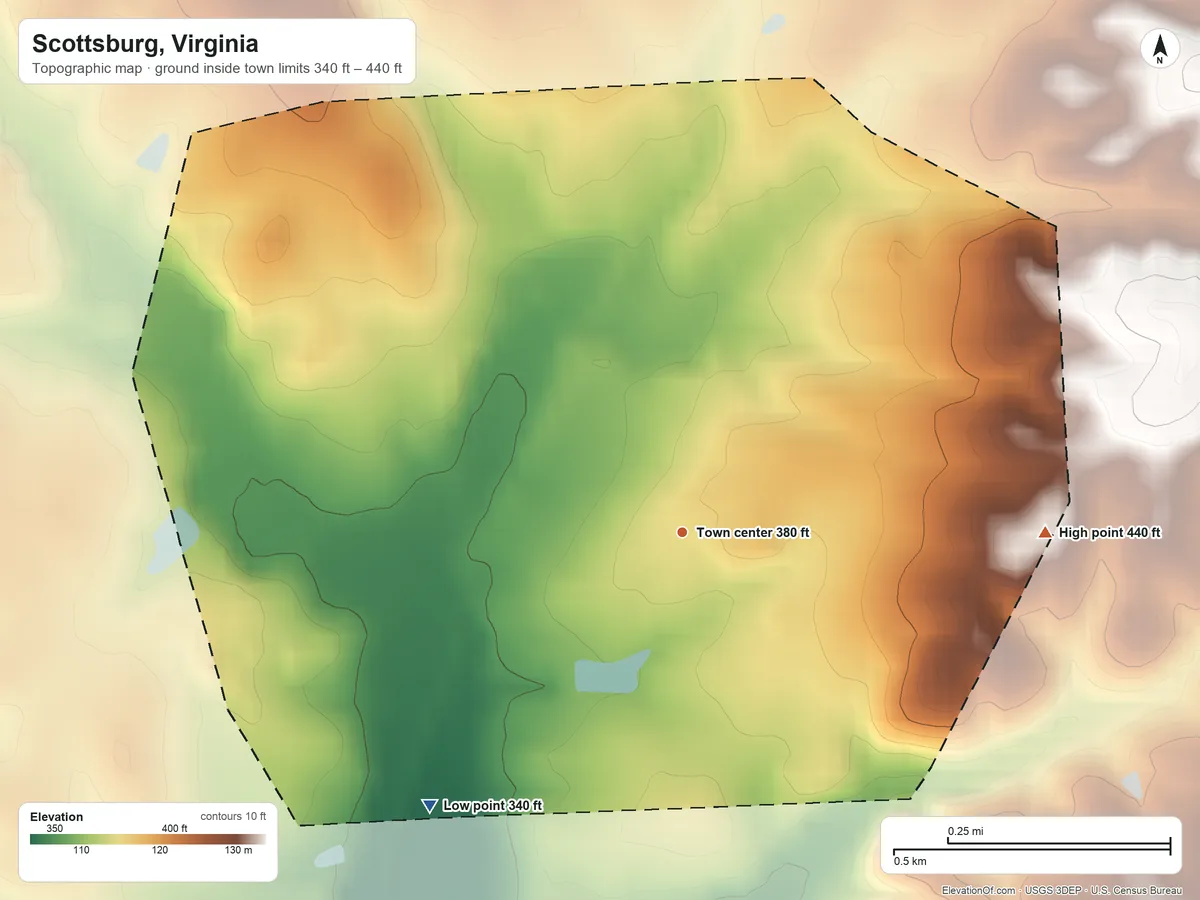 Topographic elevation map of Scottsburg, Virginia, shaded from 340 ft on the southwest side to 440 ft on the east side