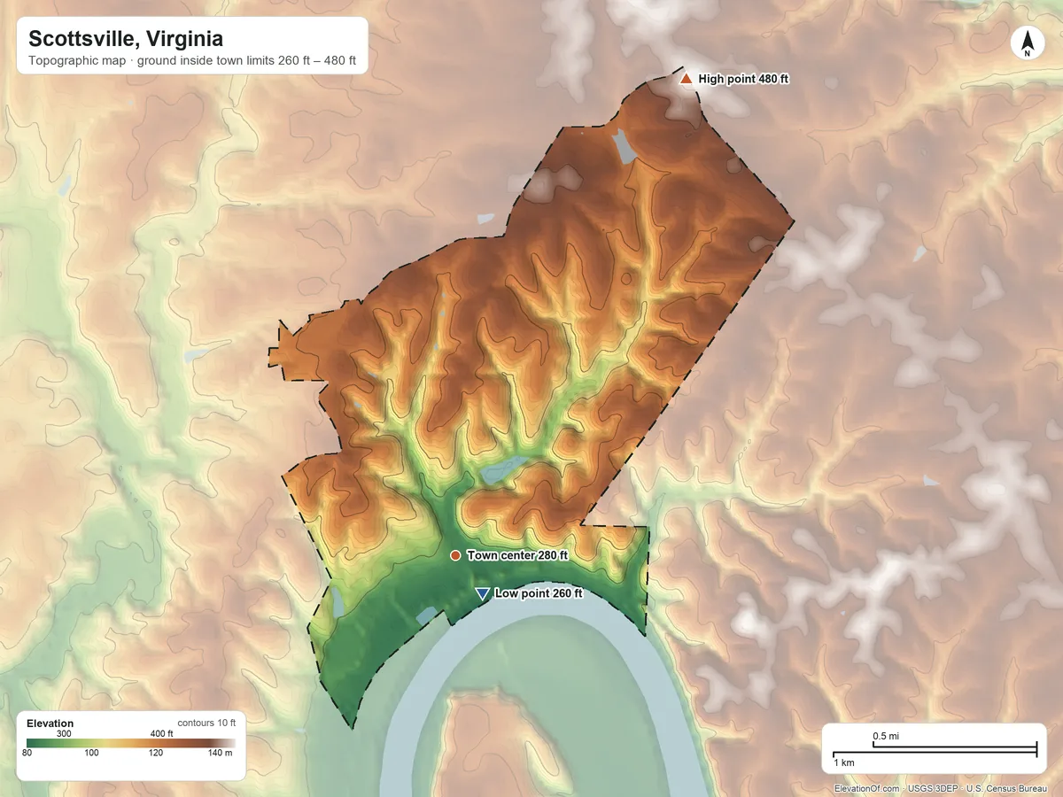 Topographic elevation map of Scottsville, Virginia, shaded from 260 ft near the middle to 480 ft on the northeast side