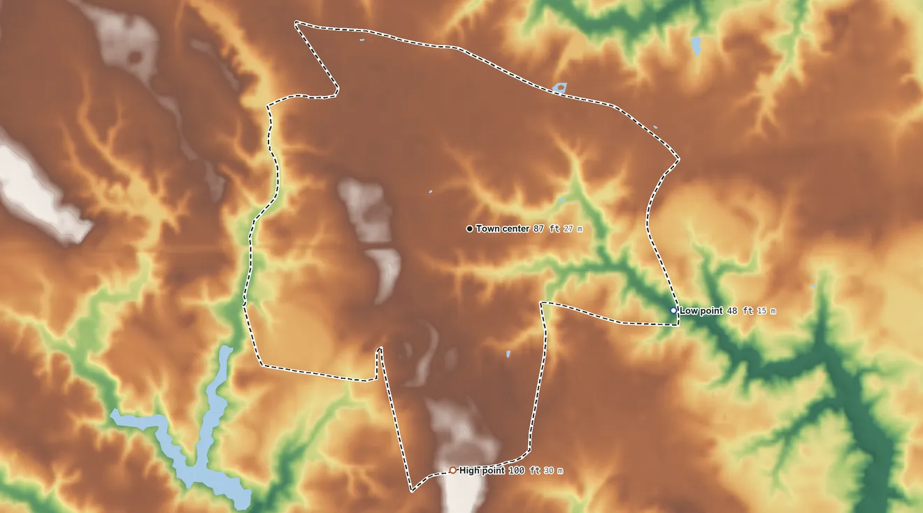 Topographic elevation map of Sedley, Virginia, shaded from 48 ft on the east side to 100 ft on the south side