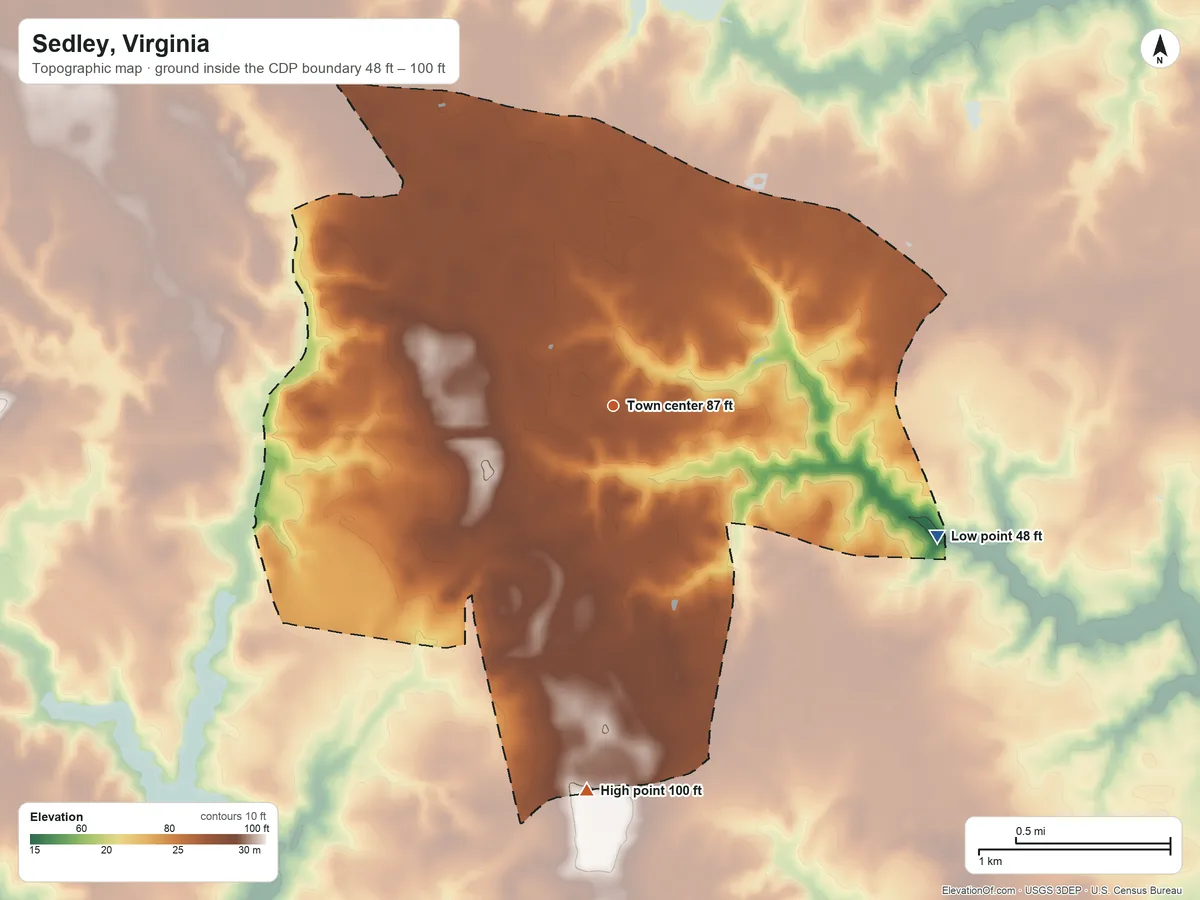 Topographic elevation map of Sedley, Virginia, shaded from 48 ft on the east side to 100 ft on the south side